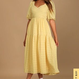 Hello Sweetheart Light Yellow Puff Sleeve Tiered Midi Dress
